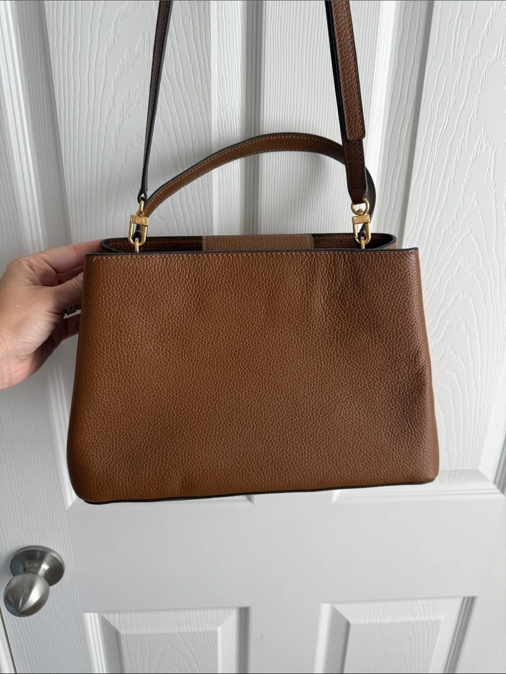 Tory Burch Brown Pebbled Leather Satchel with Top Handle & Adjustable Strap